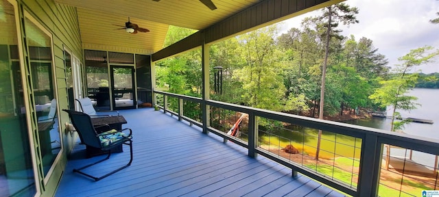 deck featuring a water view and a ceiling fan