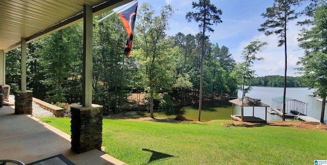 exterior space with a water view and a dock