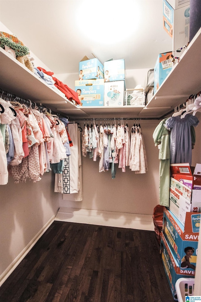 walk in closet with wood finished floors