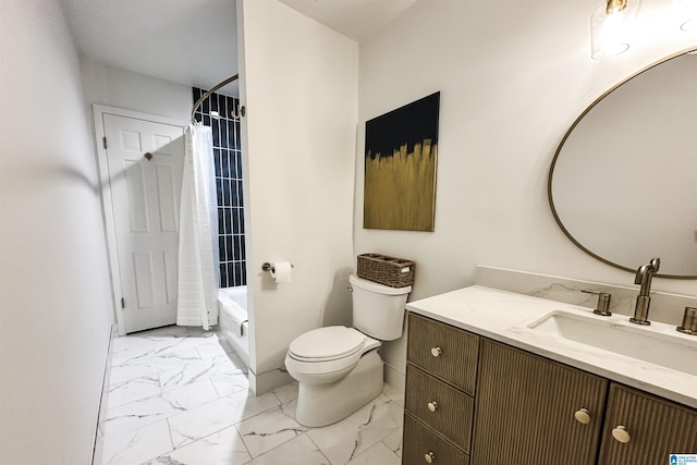 full bath featuring vanity, toilet, shower / bath combination with curtain, marble finish floor, and baseboards