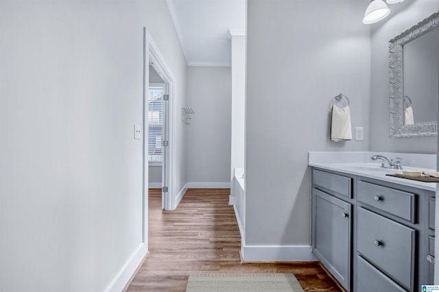 bathroom featuring crown molding, baseboards, wood finished floors, and vanity