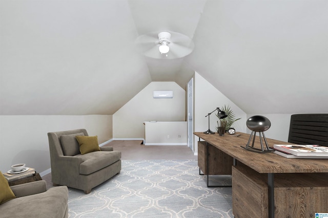 carpeted office space with baseboards, a ceiling fan, and lofted ceiling