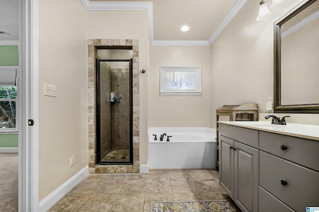 full bath featuring vanity, ornamental molding, a bath, and a stall shower