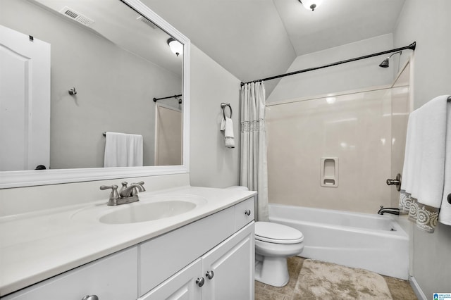 bathroom with vanity, toilet, tile patterned floors, shower / tub combo, and visible vents
