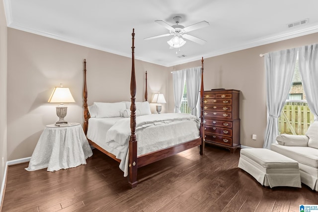 3057 Valley Ridge Rd, Hoover, AL 35242 - bedroom featuring ornamental molding, wood-type flooring, ceiling fan, and visible vents