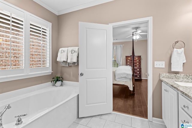 3057 Valley Ridge Rd, Hoover, AL 35242 - ensuite bathroom featuring vanity, ornamental molding, ceiling fan, connected bathroom, and a bath