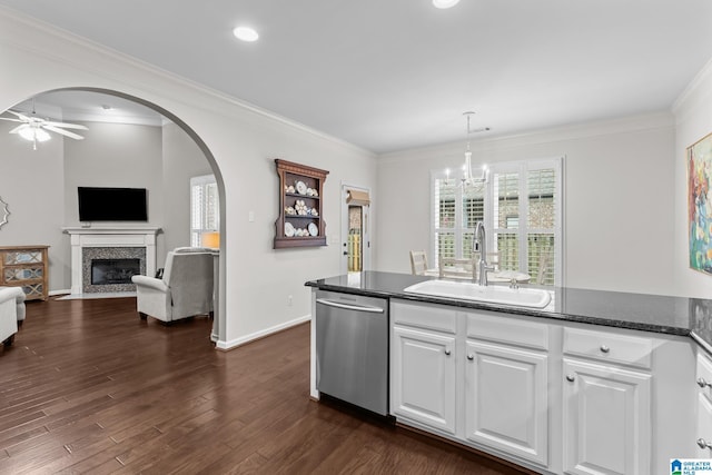 3057 Valley Ridge Rd, Hoover, AL 35242 - kitchen featuring stainless steel dishwasher, a sink, white cabinetry, and ornamental molding