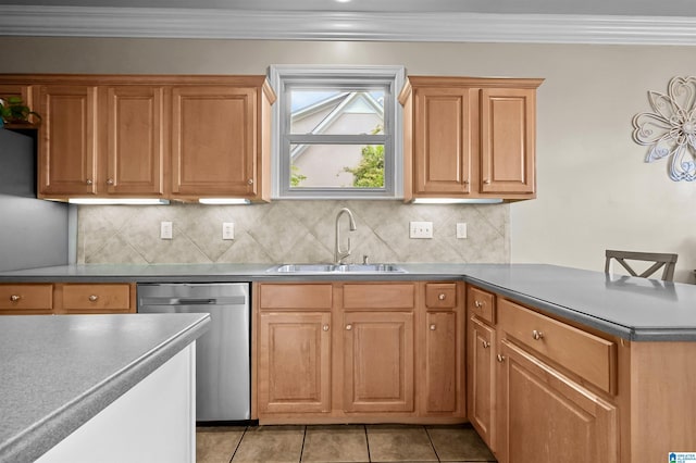 kitchen with crown molding, a sink, dishwasher, a peninsula, and light tile patterned floors