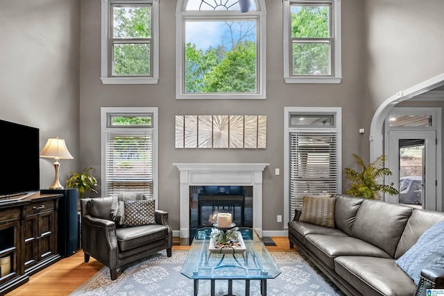 living area with baseboards, a glass covered fireplace, light wood-type flooring, and a towering ceiling