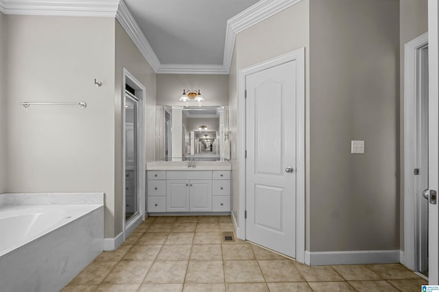full bathroom with a garden tub, tile patterned flooring, a stall shower, vanity, and ornamental molding