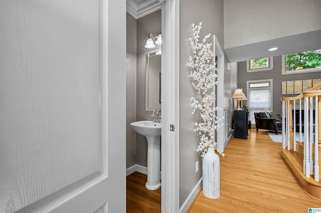 bathroom featuring a high ceiling, a sink, baseboards, wood finished floors, and ornamental molding