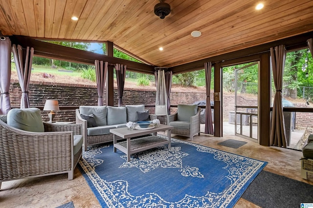 sunroom / solarium featuring an outdoor hangout area, recessed lighting, vaulted ceiling, and wooden ceiling