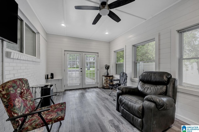3824 Midway Rd, Adamsville, AL 35005 - living area featuring ceiling fan, wood walls, french doors, recessed lighting, and wood finished floors