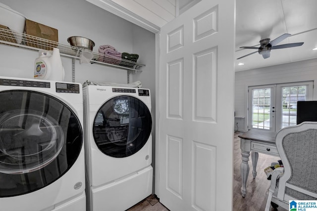 3824 Midway Rd, Adamsville, AL 35005 - clothes washing area with washing machine and clothes dryer, laundry area, french doors, a ceiling fan, and recessed lighting