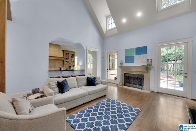 364 Stone Brook Cir, Hoover, AL 35226 - living area with a premium fireplace, high vaulted ceiling, arched walkways, baseboards, and wood finished floors