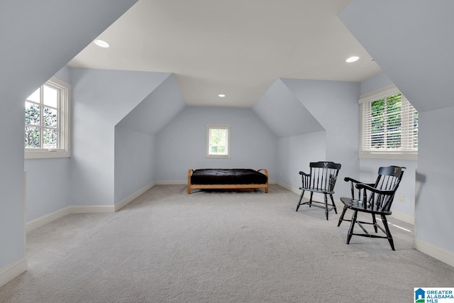 364 Stone Brook Cir, Hoover, AL 35226 - living area featuring baseboards, carpet flooring, lofted ceiling, and recessed lighting