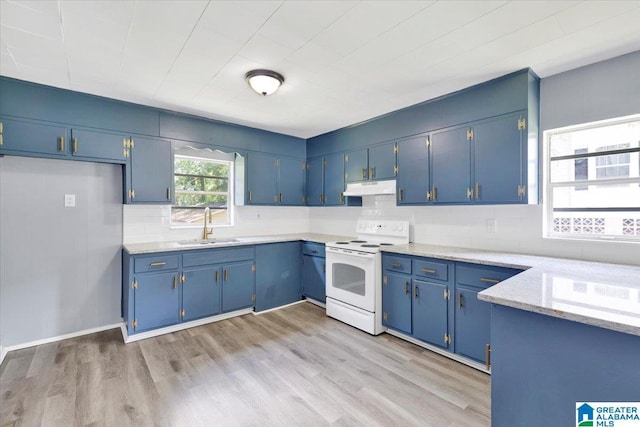 kitchen with under cabinet range hood, blue cabinets, a sink, white electric stove, and light wood finished floors