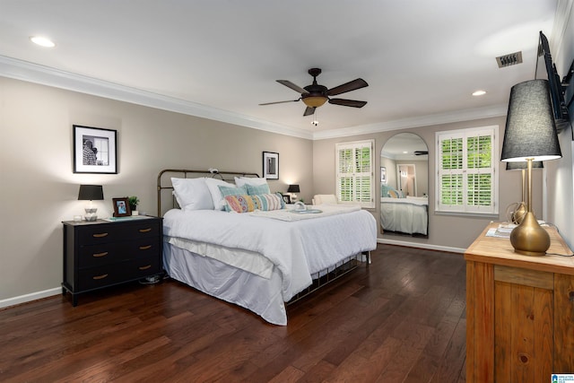 2017 Crossvine Rd, Hoover, AL 35244 - bedroom with visible vents, baseboards, ornamental molding, recessed lighting, and dark wood-type flooring