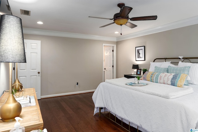 2017 Crossvine Rd, Hoover, AL 35244 - bedroom featuring visible vents, crown molding, baseboards, dark wood-style floors, and recessed lighting
