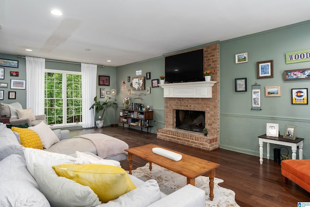 2017 Crossvine Rd, Hoover, AL 35244 - living area featuring a brick fireplace, recessed lighting, baseboards, wood finished floors, and ornamental molding
