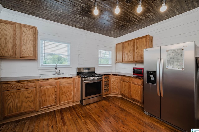 1352 County Road 185, Jemison, AL 35085 - kitchen with a sink, brown cabinetry, stainless steel appliances, dark wood-type flooring, and wood ceiling