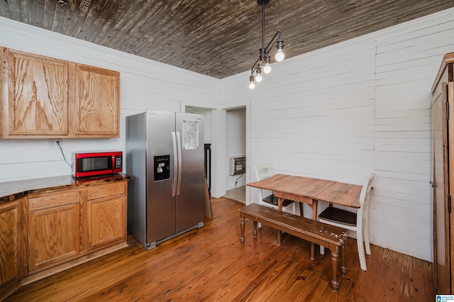 1352 County Road 185, Jemison, AL 35085 - kitchen featuring wood ceiling, wood-type flooring, stainless steel refrigerator with ice dispenser, track lighting, and wood walls