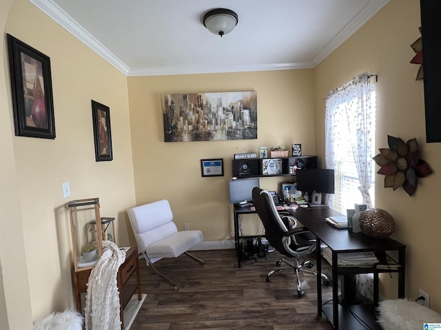 home office with baseboards, ornamental molding, and dark wood finished floors