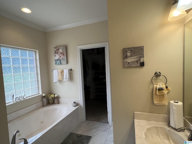 bathroom featuring a walk in closet, vanity, marble finish floor, a jetted tub, and ornamental molding