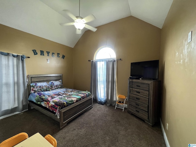 carpeted bedroom featuring a ceiling fan and lofted ceiling