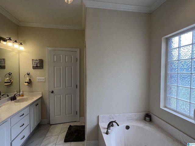 full bath featuring a healthy amount of sunlight, ornamental molding, and a garden tub