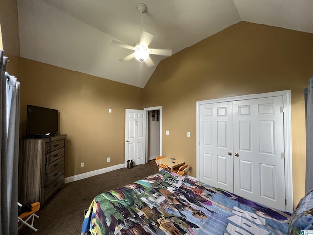 carpeted bedroom featuring baseboards, ceiling fan, a closet, and high vaulted ceiling