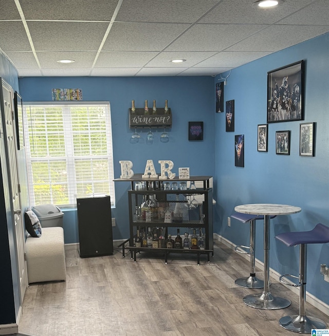 bar featuring baseboards, a drop ceiling, and wood finished floors