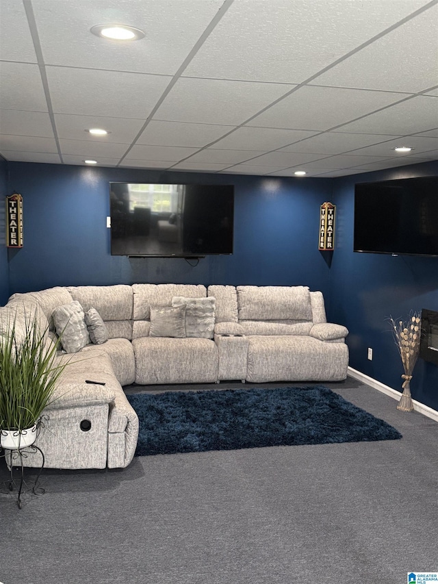 carpeted living area with recessed lighting, a paneled ceiling, and baseboards