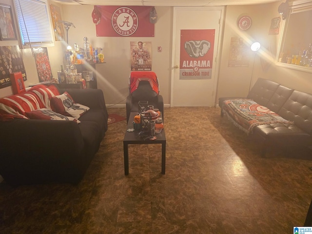 living area featuring carpet floors