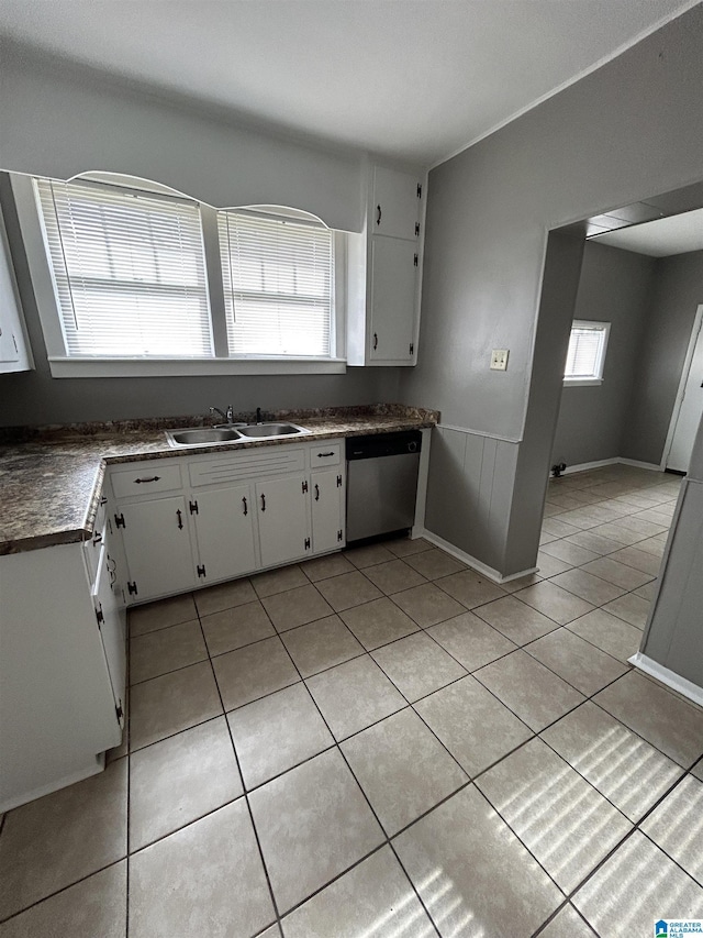 kitchen with a sink, dark countertops, white cabinets, and stainless steel dishwasher