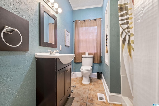2857 Alexandria Wellington Rd, Alexandria, AL 36250 - full bath with visible vents, crown molding, vanity, toilet, and a textured wall