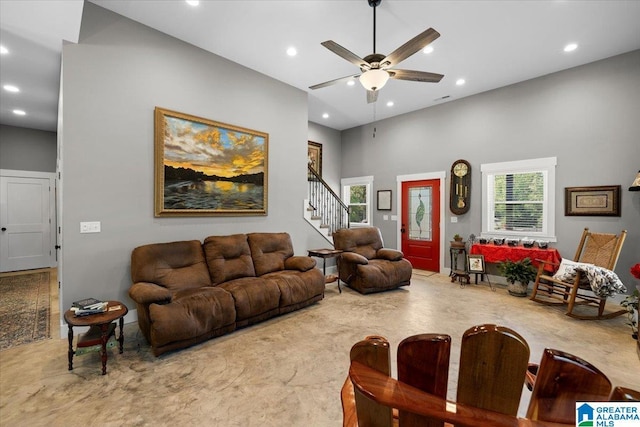 living room with recessed lighting and a wealth of natural light