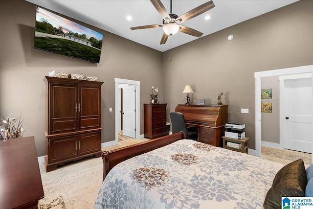 bedroom with baseboards, recessed lighting, and high vaulted ceiling