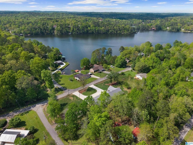 birds eye view of property with a water view and a wooded view