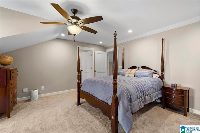 bedroom with carpet flooring, recessed lighting, ceiling fan, and baseboards