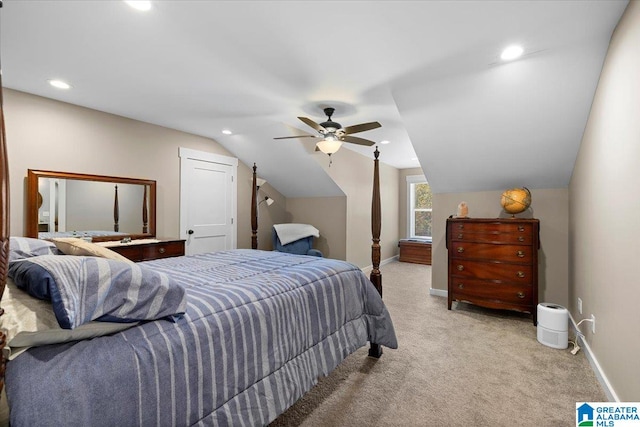 carpeted bedroom with baseboards, a ceiling fan, lofted ceiling, and recessed lighting