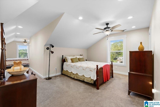 bedroom with ceiling fan, light carpet, recessed lighting, baseboards, and lofted ceiling
