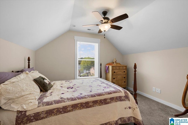 bedroom with carpet floors, visible vents, baseboards, a ceiling fan, and vaulted ceiling