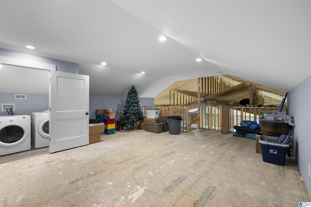 bonus room featuring visible vents, recessed lighting, independent washer and dryer, and vaulted ceiling