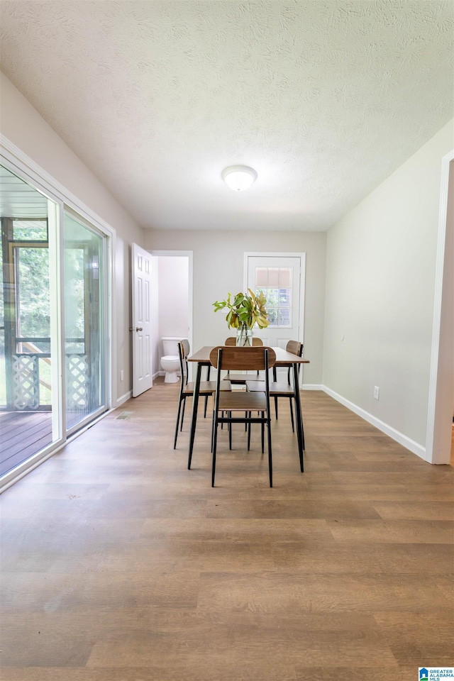 dining space featuring baseboards, a textured ceiling, wood finished floors, and a wealth of natural light