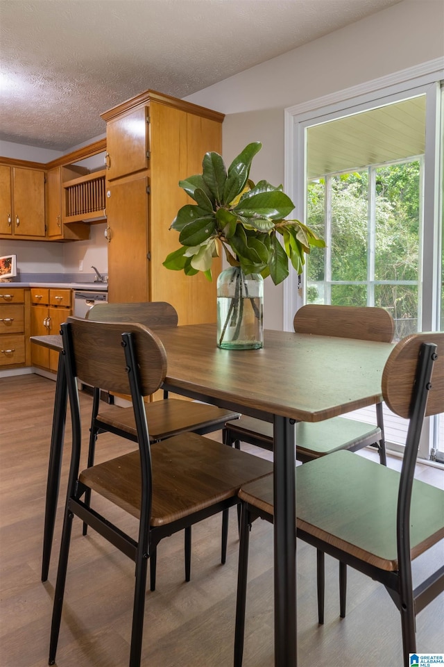 dining space with light wood-type flooring and a textured ceiling