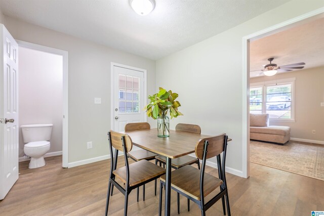 dining space with a ceiling fan, baseboards, and light wood-style floors