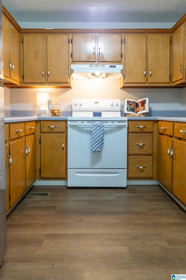 kitchen featuring light countertops, white range with electric cooktop, a textured ceiling, under cabinet range hood, and dark wood-style floors