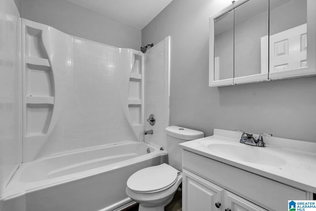 bathroom featuring toilet, bathing tub / shower combination, and vanity
