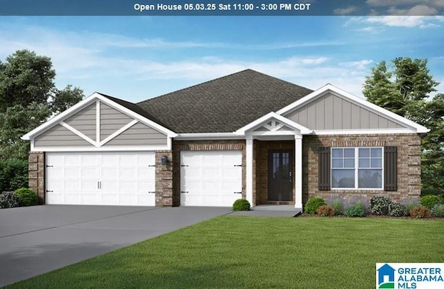 view of front of home featuring brick siding, a garage, board and batten siding, a front yard, and concrete driveway